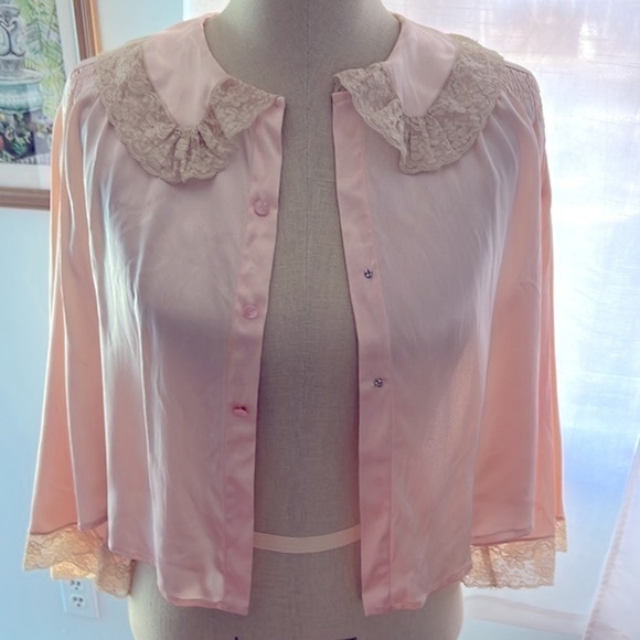 Vintage Satin and Lace Bed Coat with Smocking and Rhinestone Buttons - Picture 7 of 8